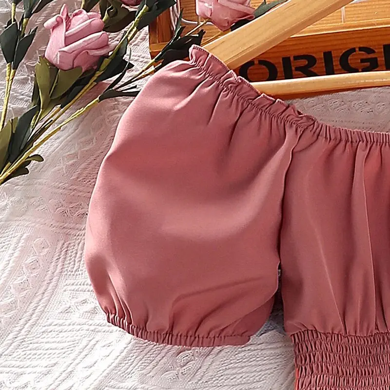 Kids Dress For Girls 8-12 Years Pink Shirred-Waist Puff-Sleeve Off-shoulder Dress Vacation Festival Birthday Party Gown