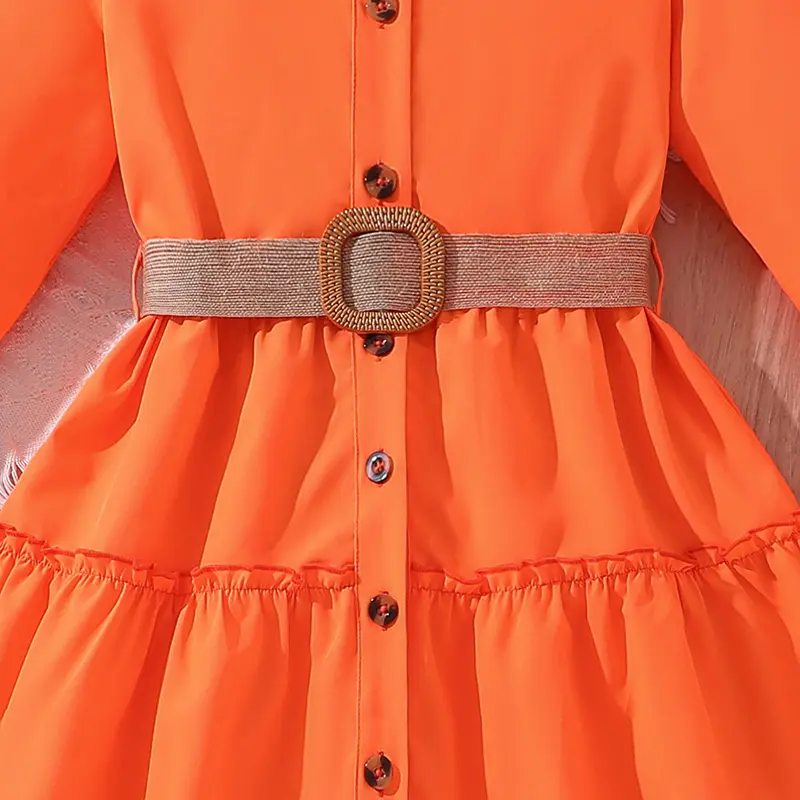 Summer Children Dress Casual Princess Dresses For 8-12 Years Kids Girls Orange Lapel Long-Sleeved Dress With Belt Cute Clothes