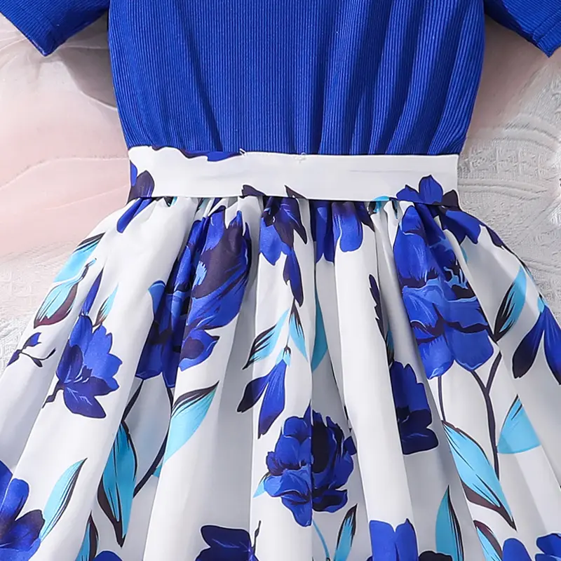 Royal Blue Patchwork Printed Short Sleeve Casual Dress 8-12 Years Tween Girls Daily Dress Vintage Elegant Style Blue Rose Dress