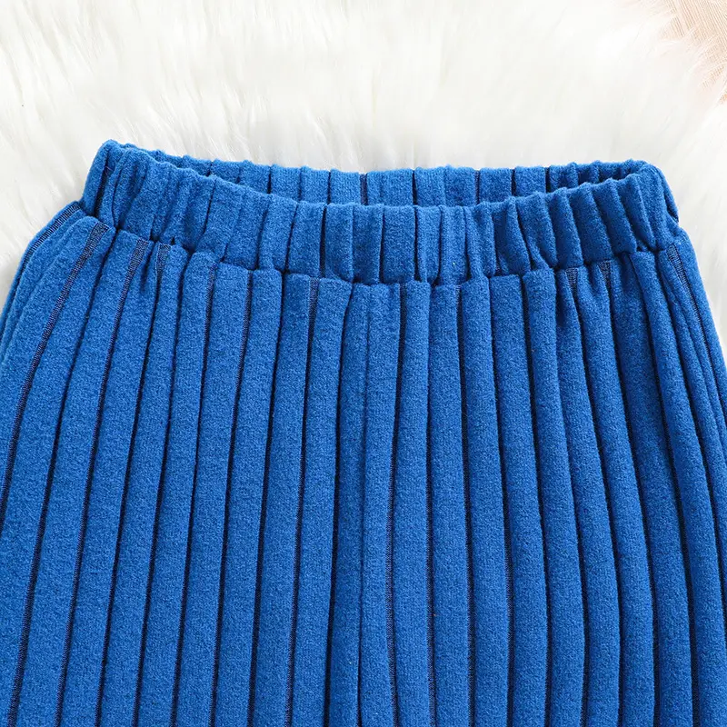 8-12 Years New Autumn Spring Suits Blue Long Sleeve Short Top & Blue Pants For Girls Casual Solid Color Casual Vacation Suits