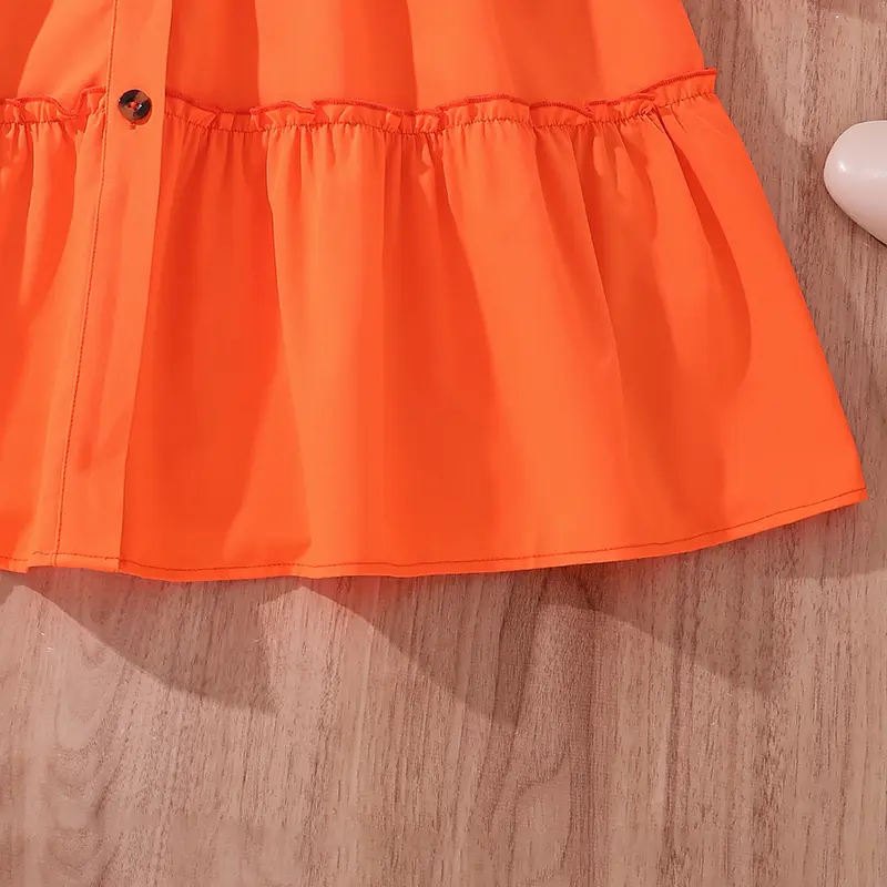 Summer Children Dress Casual Princess Dresses For 8-12 Years Kids Girls Orange Lapel Long-Sleeved Dress With Belt Cute Clothes