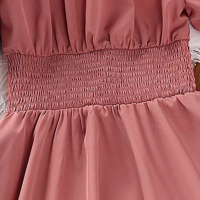 Kids Dress For Girls 8-12 Years Pink Shirred-Waist Puff-Sleeve Off-shoulder Dress Vacation Festival Birthday Party Gown