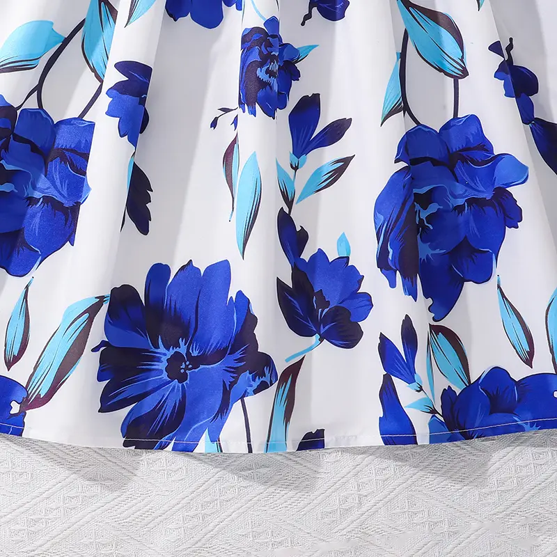 Royal Blue Patchwork Printed Short Sleeve Casual Dress 8-12 Years Tween Girls Daily Dress Vintage Elegant Style Blue Rose Dress