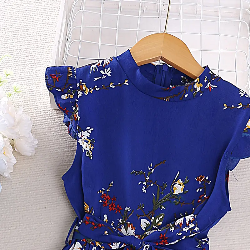 Girl Dress Summer Vintage Blue Sleeveless Retro Printed Pleated Dress Elegant Designed Classic Casual Pastoral Style