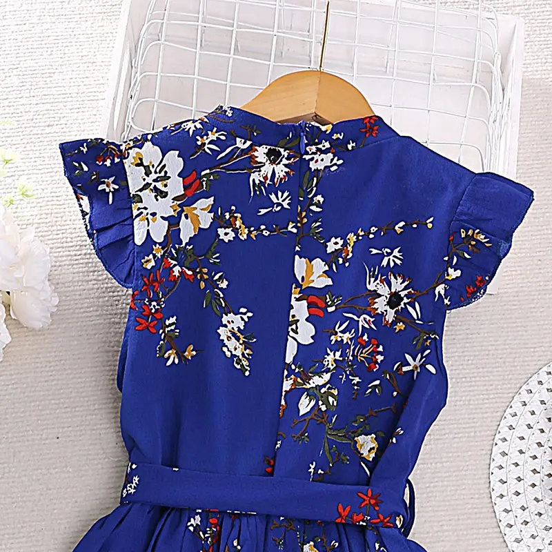 Girl Dress Summer Vintage Blue Sleeveless Retro Printed Pleated Dress Elegant Designed Classic Casual Pastoral Style