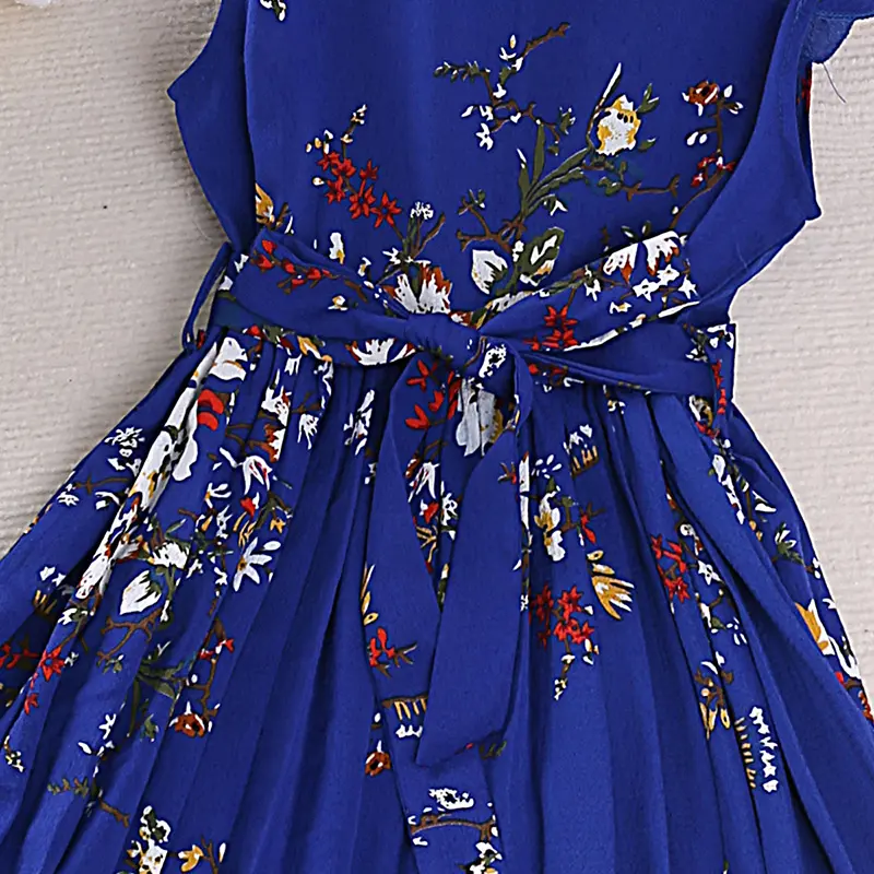 Girl Dress Summer Vintage Blue Sleeveless Retro Printed Pleated Dress Elegant Designed Classic Casual Pastoral Style