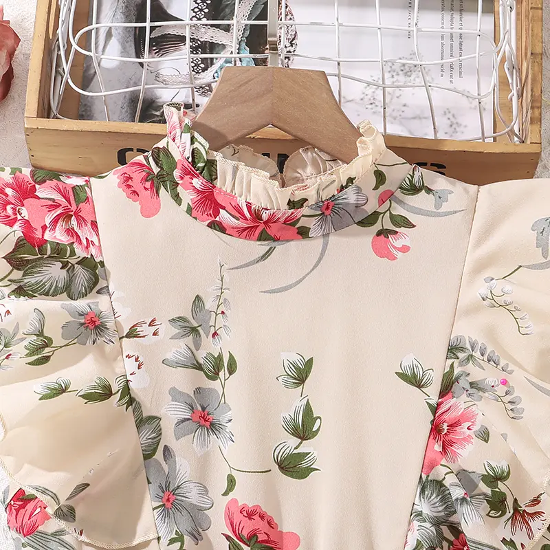 Kids Set Cameo Brown O-Neck Sleeveless Floral Print Belt Country-Style A-Line Dress For Girls 8-12 Years Summer Princess Dress