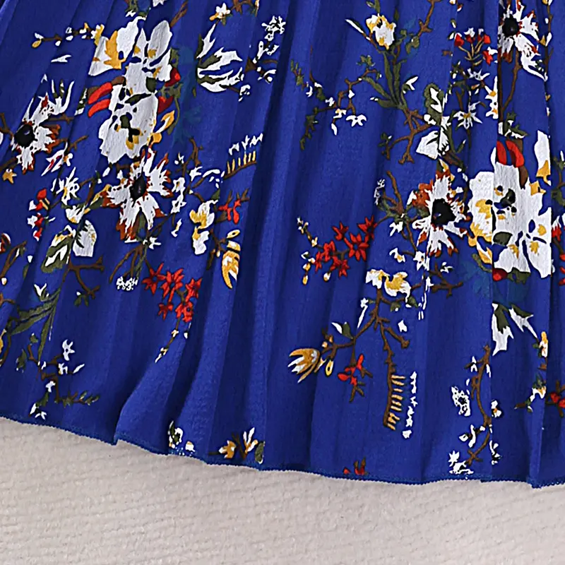 Girl Dress Summer Vintage Blue Sleeveless Retro Printed Pleated Dress Elegant Designed Classic Casual Pastoral Style