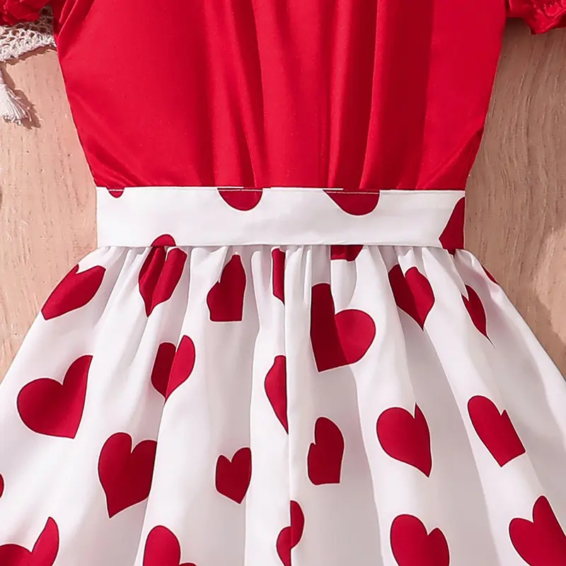 Kids Dress 8-12 Years Tween Girls Summer Sweet Style Heart Pattern Printed Off The Shoulder Gown Birthday Party Dating Gown