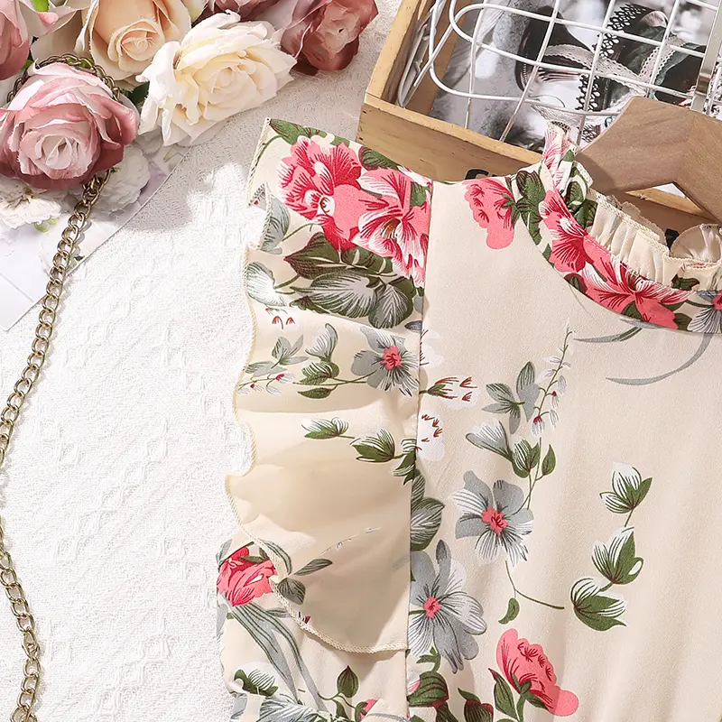 Kids Set Cameo Brown O-Neck Sleeveless Floral Print Belt Country-Style A-Line Dress For Girls 8-12 Years Summer Princess Dress