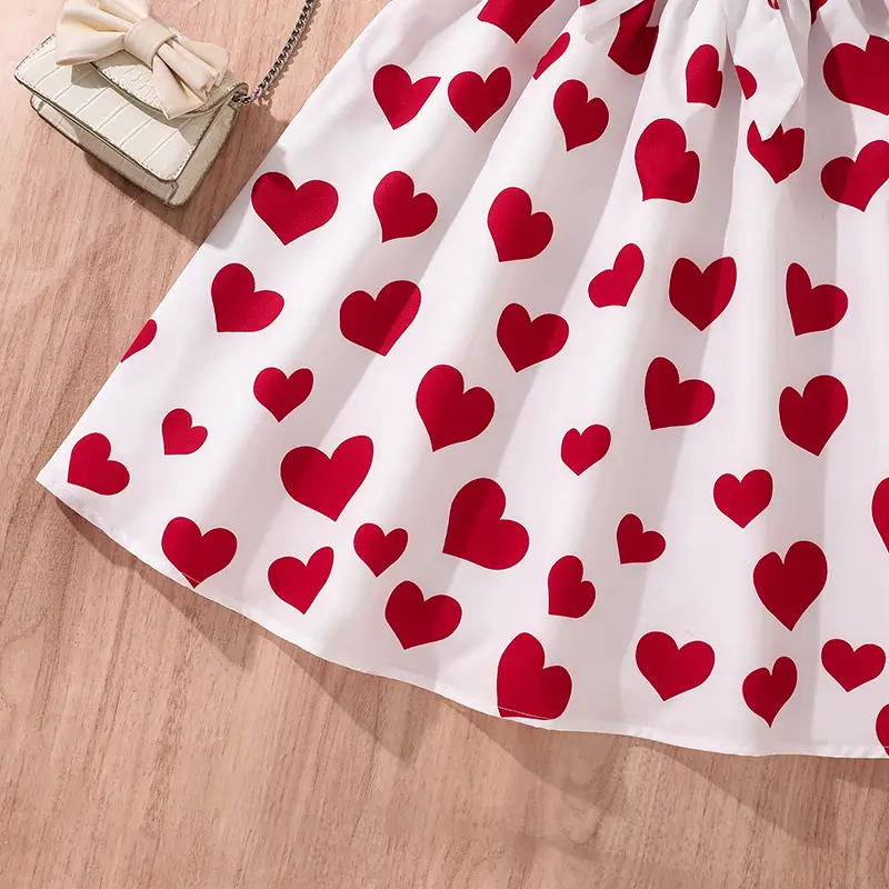 Kids Dress 8-12 Years Tween Girls Summer Sweet Style Heart Pattern Printed Off The Shoulder Gown Birthday Party Dating Gown