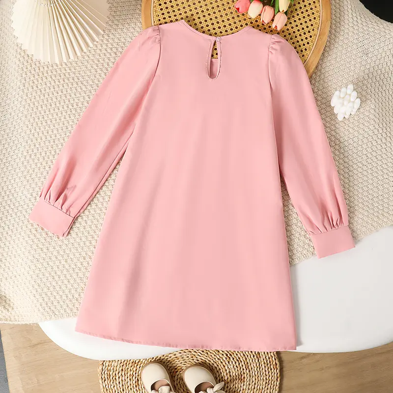 2025 Autumn New Girls Clothing Solid Color Pink O-Neck Bow Ruffled Long Sleeve A-Line Dress For Girls 8-12 Years Sweet Style