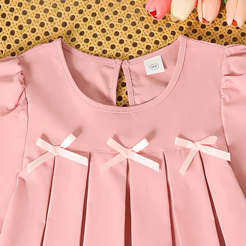 2025 Autumn New Girls Clothing Solid Color Pink O-Neck Bow Ruffled Long Sleeve A-Line Dress For Girls 8-12 Years Sweet Style