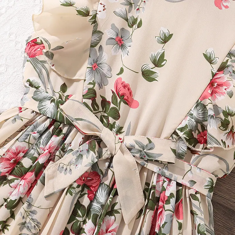 Kids Set Cameo Brown O-Neck Sleeveless Floral Print Belt Country-Style A-Line Dress For Girls 8-12 Years Summer Princess Dress