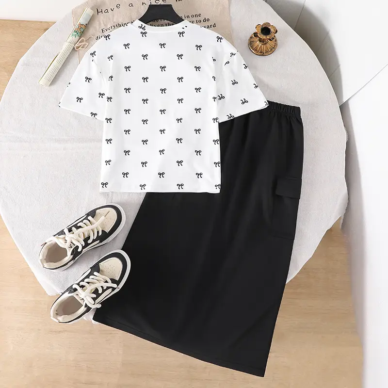 Children's Clothes 2PCS O-Neck Short Sleeve Floral Print T-Shirt & Solid Color Black Skirt For Girls 8-12 Years Summer Daliy Set