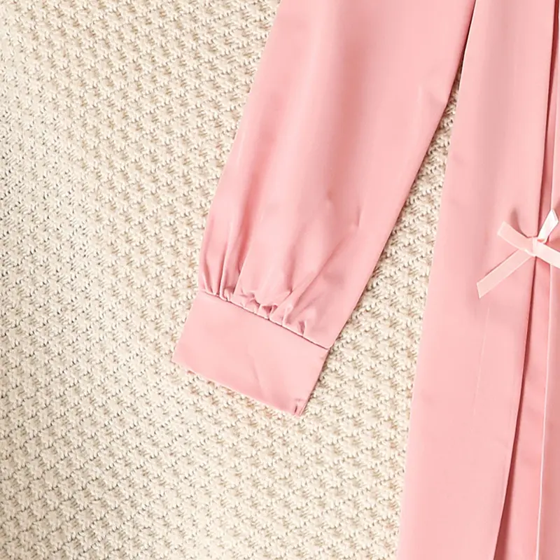 2025 Autumn New Girls Clothing Solid Color Pink O-Neck Bow Ruffled Long Sleeve A-Line Dress For Girls 8-12 Years Sweet Style