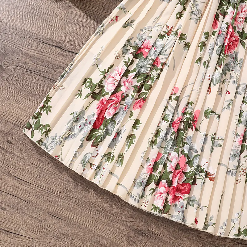 Kids Set Cameo Brown O-Neck Sleeveless Floral Print Belt Country-Style A-Line Dress For Girls 8-12 Years Summer Princess Dress