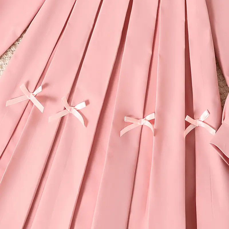 2025 Autumn New Girls Clothing Solid Color Pink O-Neck Bow Ruffled Long Sleeve A-Line Dress For Girls 8-12 Years Sweet Style