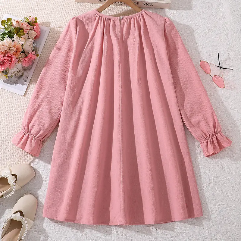 Kids Spring Autumn Fashion Dress For Girls  Simple Classic Design Pink Long Sleeve Princess Party Dress Sweet Lovely Style