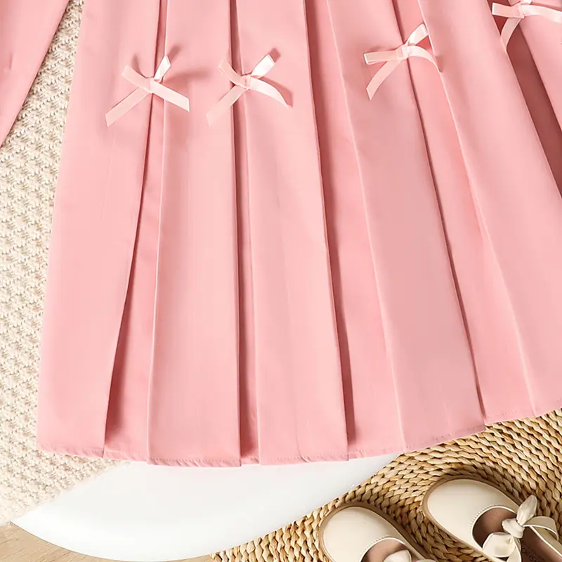 2025 Autumn New Girls Clothing Solid Color Pink O-Neck Bow Ruffled Long Sleeve A-Line Dress For Girls 8-12 Years Sweet Style