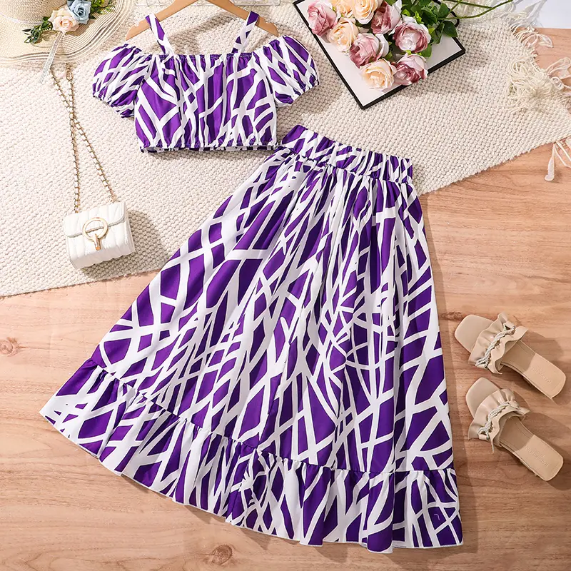 Children Clothes Sets For Girls Purple Off-the-Shoulder Camisole & Elastic Waist Straight Skirt 2 Pcs Girls Outfit Children Suit