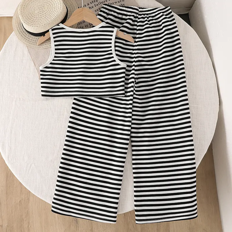 Summer Tow Pieces Set O-Neck Sleeveless Breasted Striped vest & Elastic Waist Pants For Girls 8-12 Years Daliy Casual Clothing
