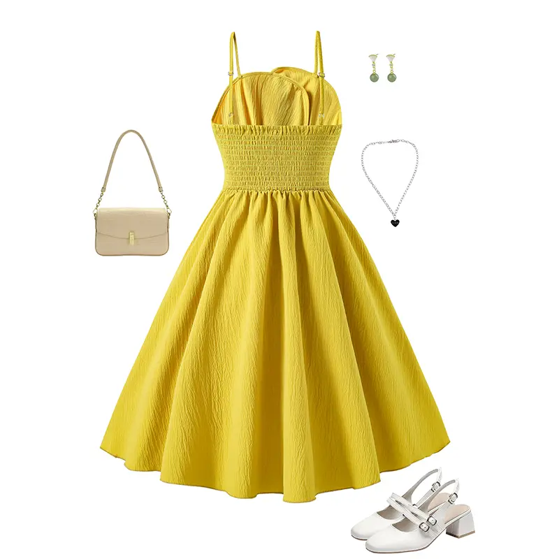 Summer New Solid Color Yellow Sling Elastic Waist A-Line Dress For Girls 8-12 Years Elegant Princess Dress Birthday Party Set