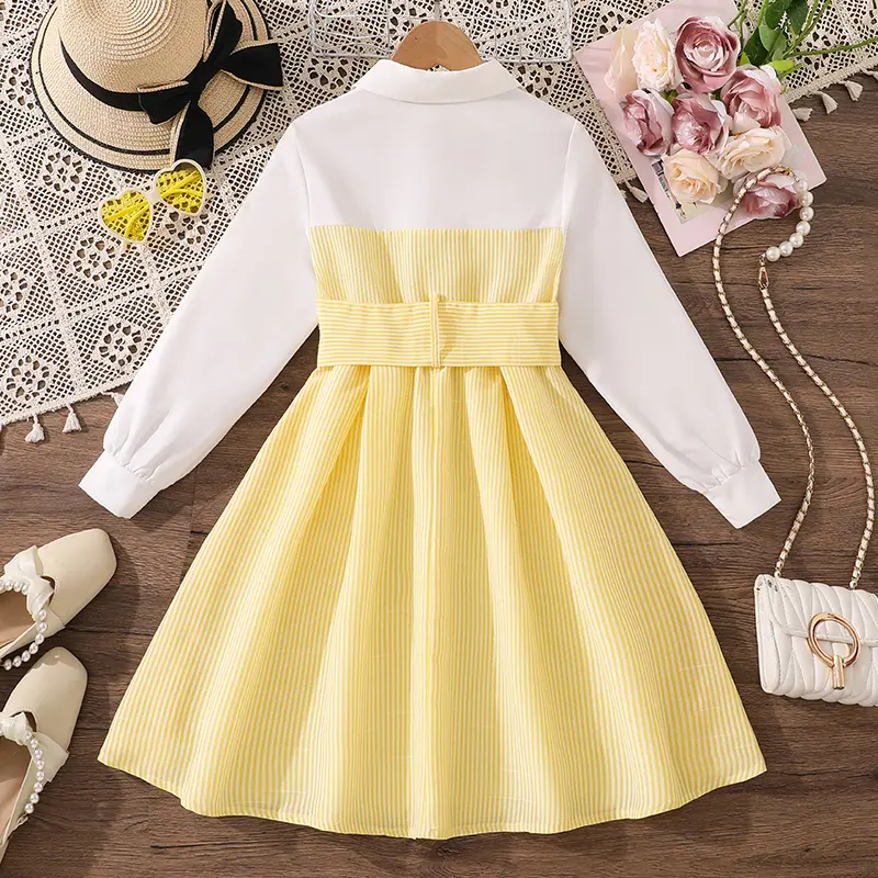 Spring Fall Girls Dress 8-12 Years Shirt Collar Long Sleeves Panel Yellow Striped Hem Knee Skirt Wide Belt Buttons Detail