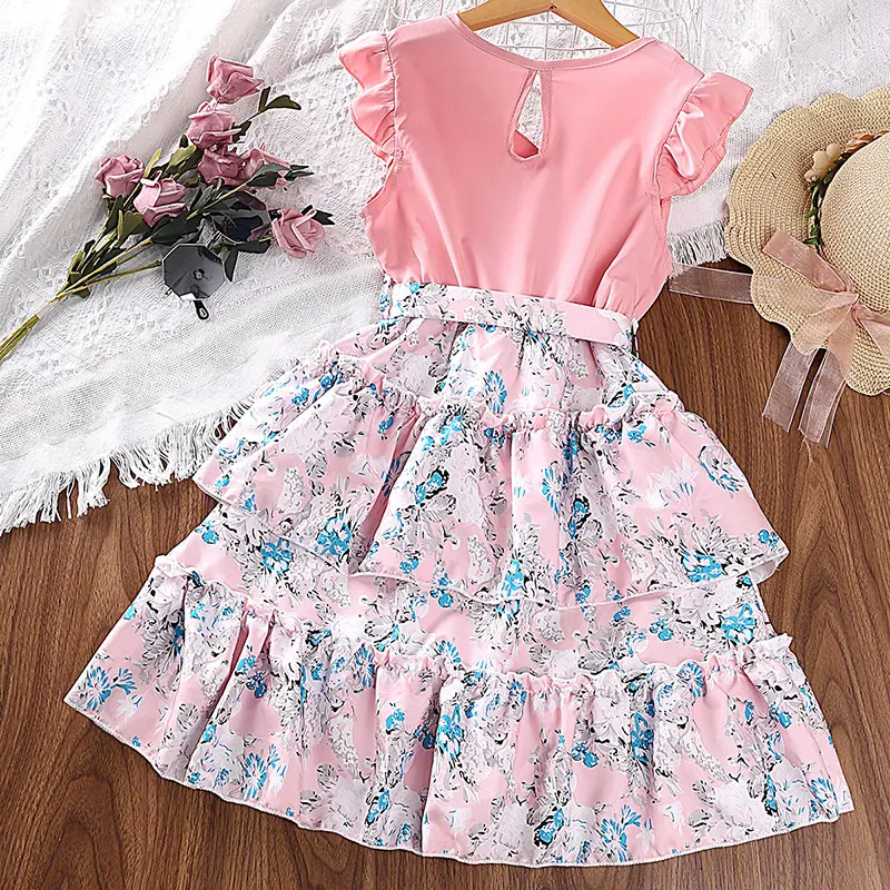Children's Dress For Girls 7-12 Years Pink Patchwork Floral V-neck Small Flying Sleeve Dress