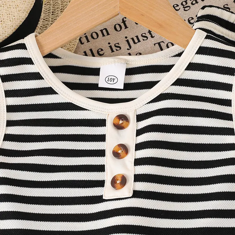 Summer Tow Pieces Set O-Neck Sleeveless Breasted Striped vest & Elastic Waist Pants For Girls 8-12 Years Daliy Casual Clothing