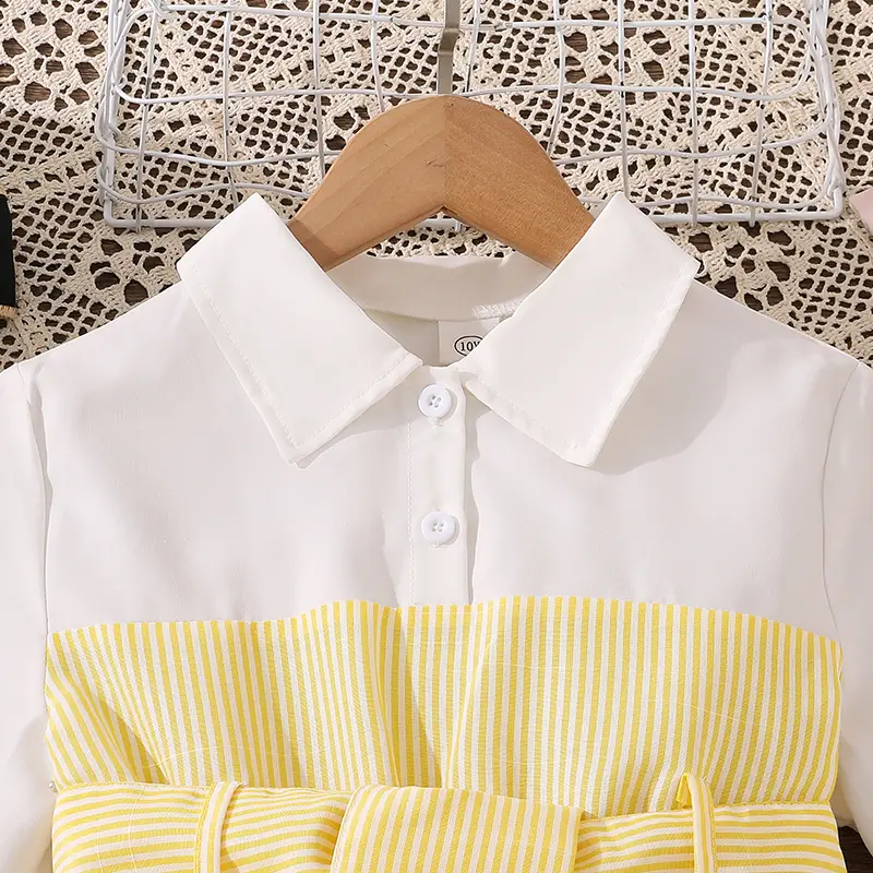 Spring Fall Girls Dress 8-12 Years Shirt Collar Long Sleeves Panel Yellow Striped Hem Knee Skirt Wide Belt Buttons Detail