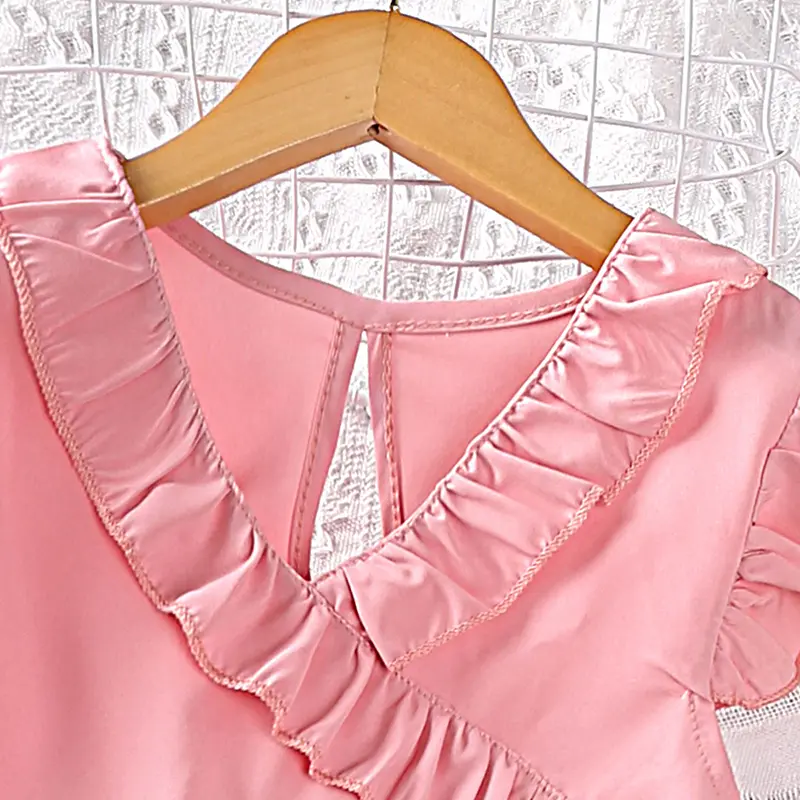 Children's Dress For Girls 7-12 Years Pink Patchwork Floral V-neck Small Flying Sleeve Dress