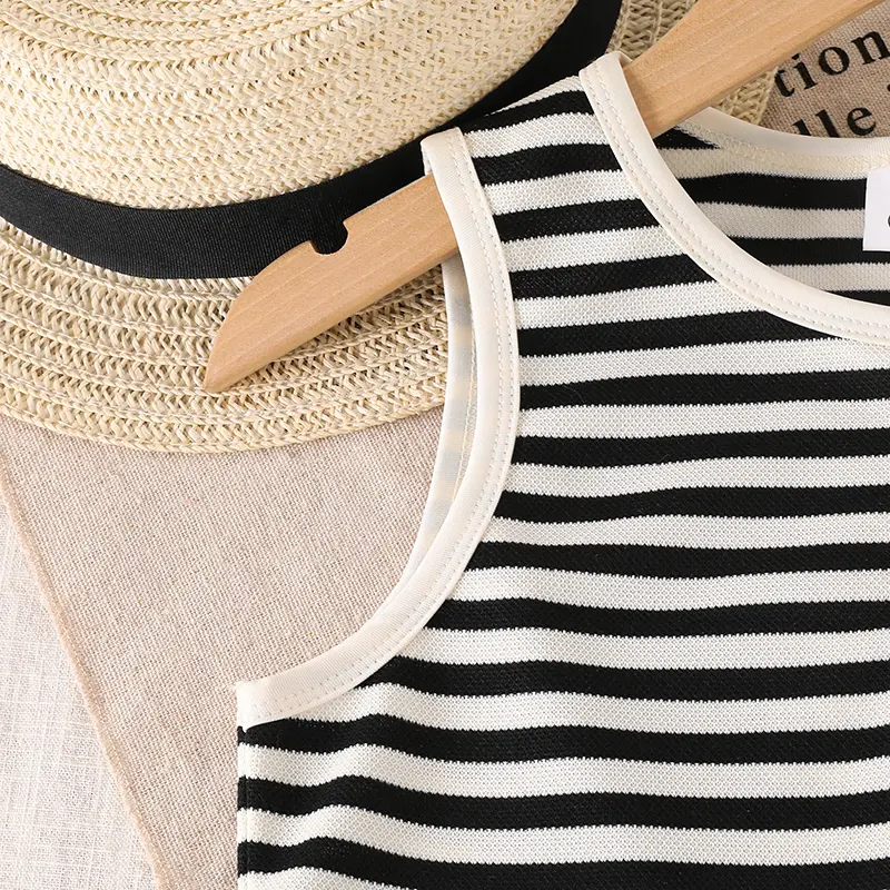 Summer Tow Pieces Set O-Neck Sleeveless Breasted Striped vest & Elastic Waist Pants For Girls 8-12 Years Daliy Casual Clothing
