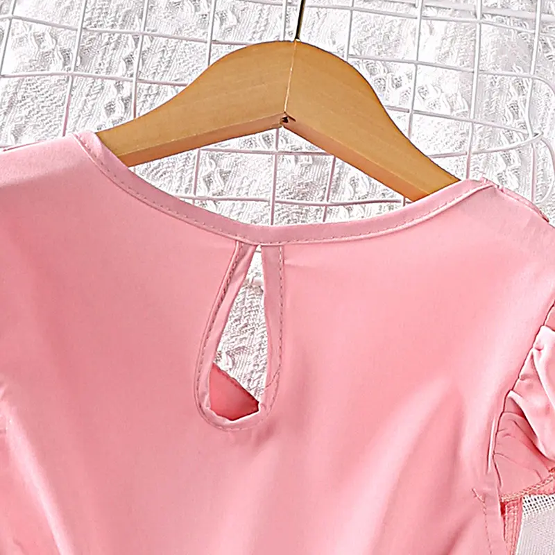 Children's Dress For Girls 7-12 Years Pink Patchwork Floral V-neck Small Flying Sleeve Dress