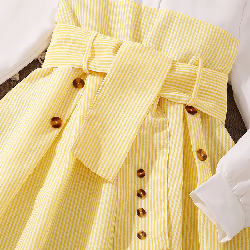 Spring Fall Girls Dress 8-12 Years Shirt Collar Long Sleeves Panel Yellow Striped Hem Knee Skirt Wide Belt Buttons Detail
