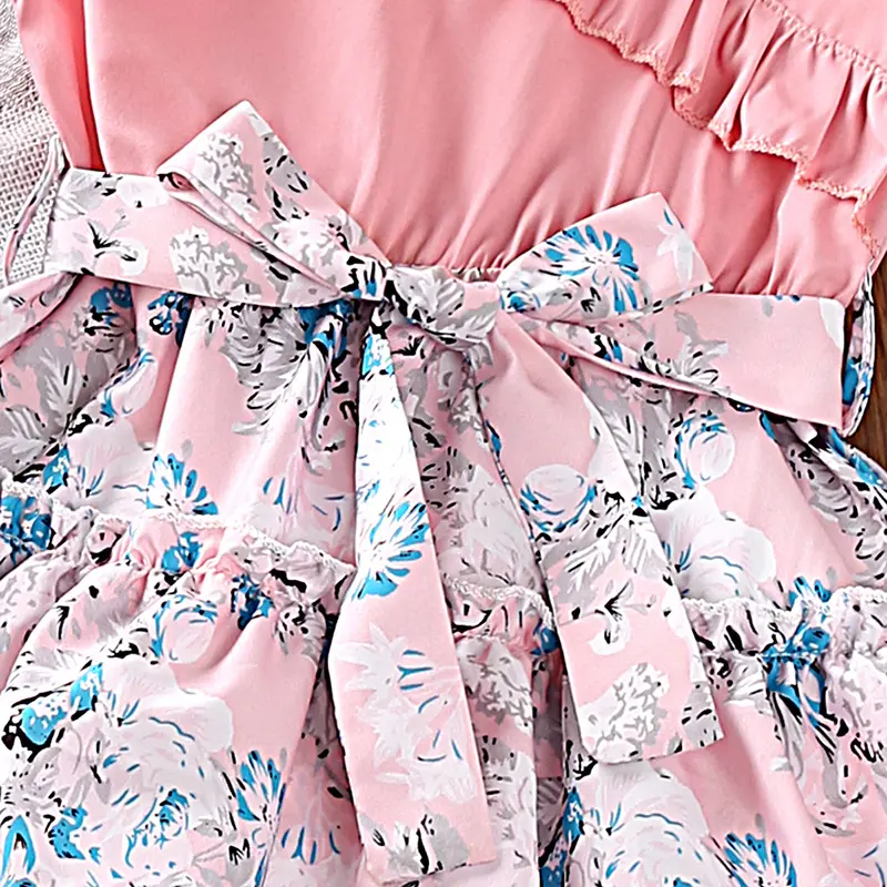 Children's Dress For Girls 7-12 Years Pink Patchwork Floral V-neck Small Flying Sleeve Dress