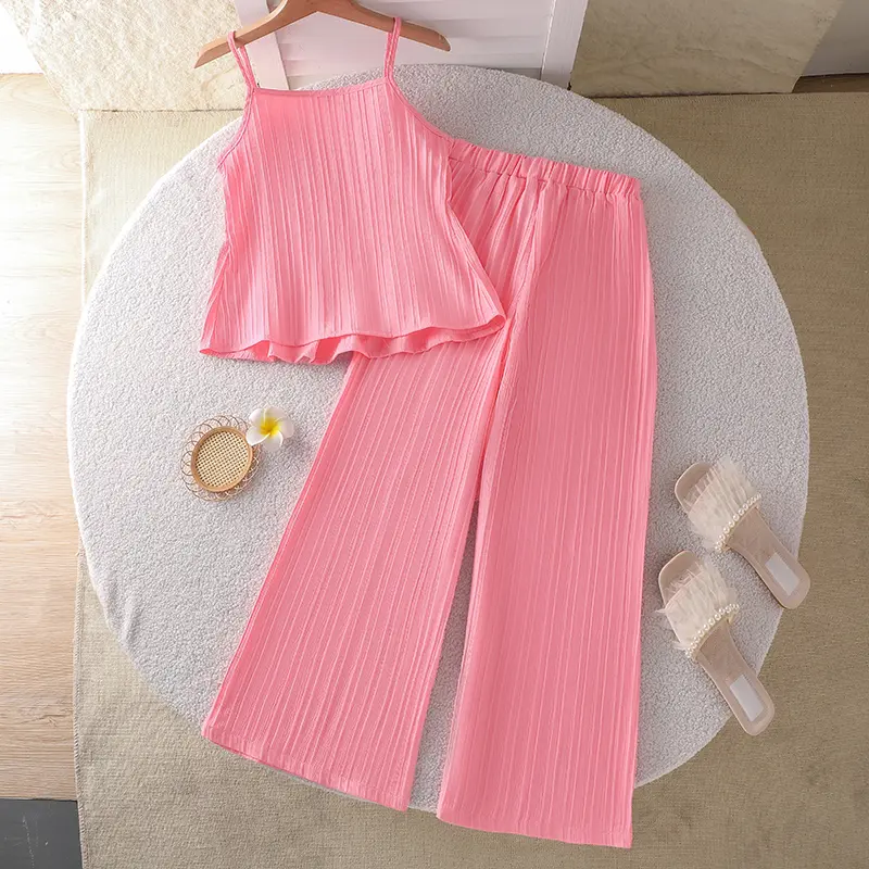 New Hot Sale Children's Clothes Solid Color Pink Sling Striped Top & Elastic Waist Pants For Girls 8-12 Years Sweet Style