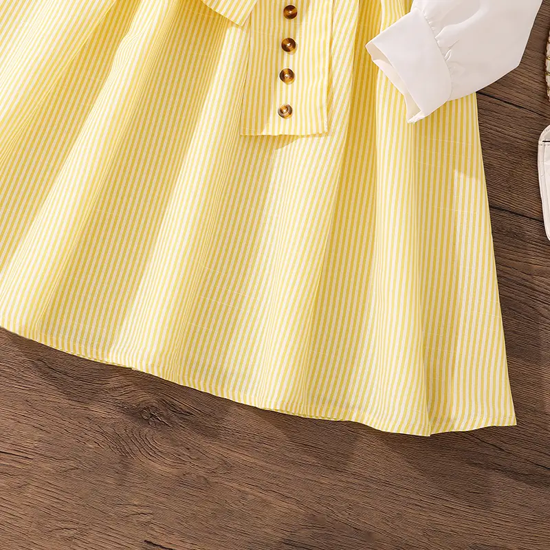 Spring Fall Girls Dress 8-12 Years Shirt Collar Long Sleeves Panel Yellow Striped Hem Knee Skirt Wide Belt Buttons Detail