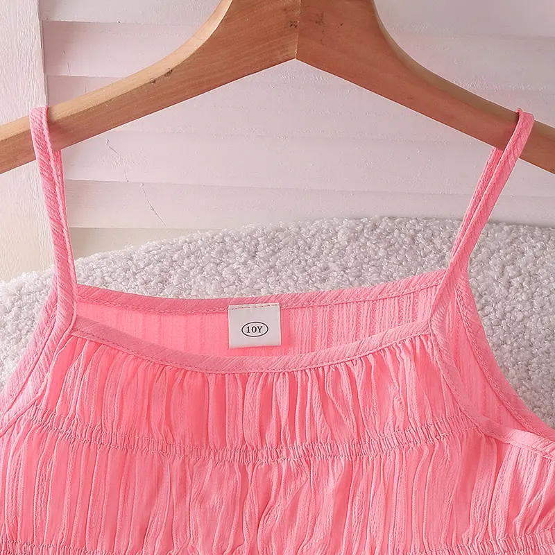 New Hot Sale Children's Clothes Solid Color Pink Sling Striped Top & Elastic Waist Pants For Girls 8-12 Years Sweet Style