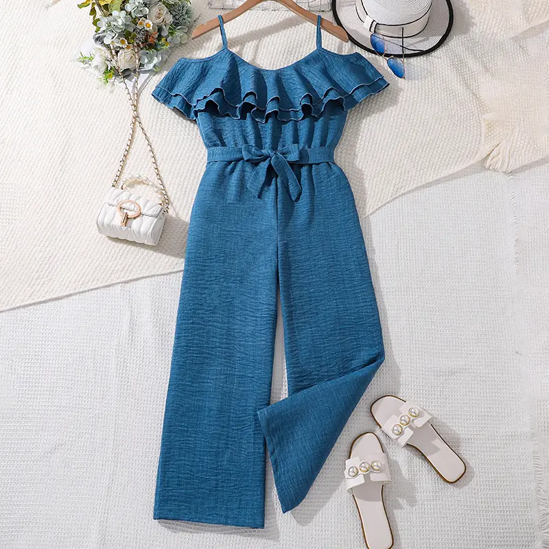 Kids Jumpsuits For Girls 8-12 Years Ruffled Off-the-Shoulder Belted Jumpsuits Trendy Tween Girls Overalls Blue Color Jumpsuits