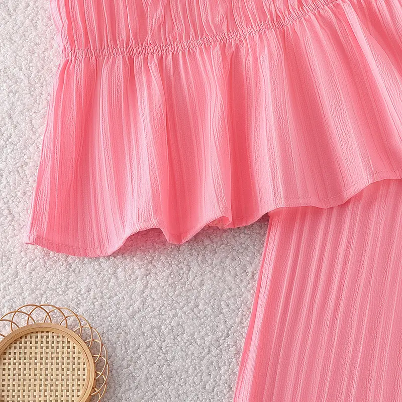 New Hot Sale Children's Clothes Solid Color Pink Sling Striped Top & Elastic Waist Pants For Girls 8-12 Years Sweet Style