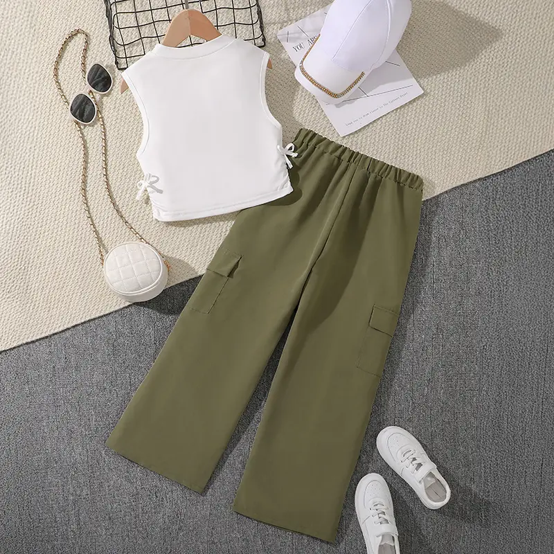 Girls Pants Sets Letters Printed Tank-Top & Army Green Cargo Pants 2PCS Trendy Girls Outfit Stylish Children Suits