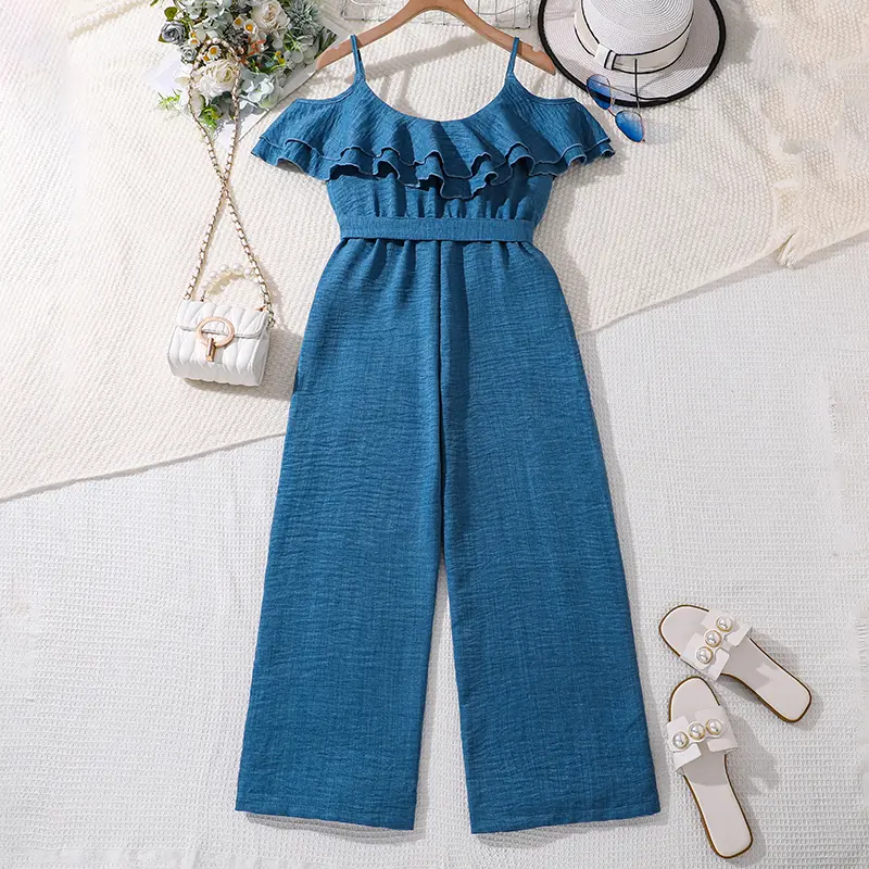 Kids Jumpsuits For Girls 8-12 Years Ruffled Off-the-Shoulder Belted Jumpsuits Trendy Tween Girls Overalls Blue Color Jumpsuits