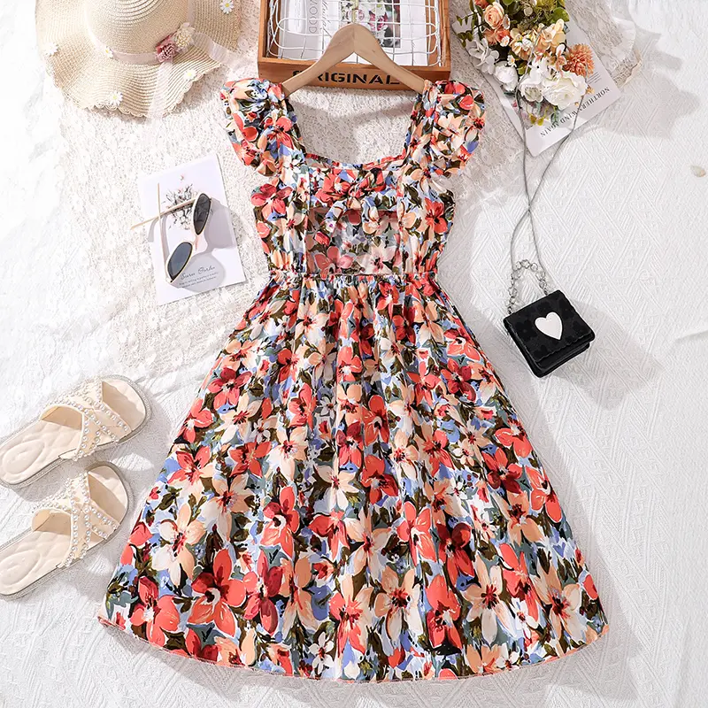 Dress For Girls 2025 Summer New Daily Vacation Style Sling Print A-Line Dress 8-12 Years Kids Daily Casual Clothing