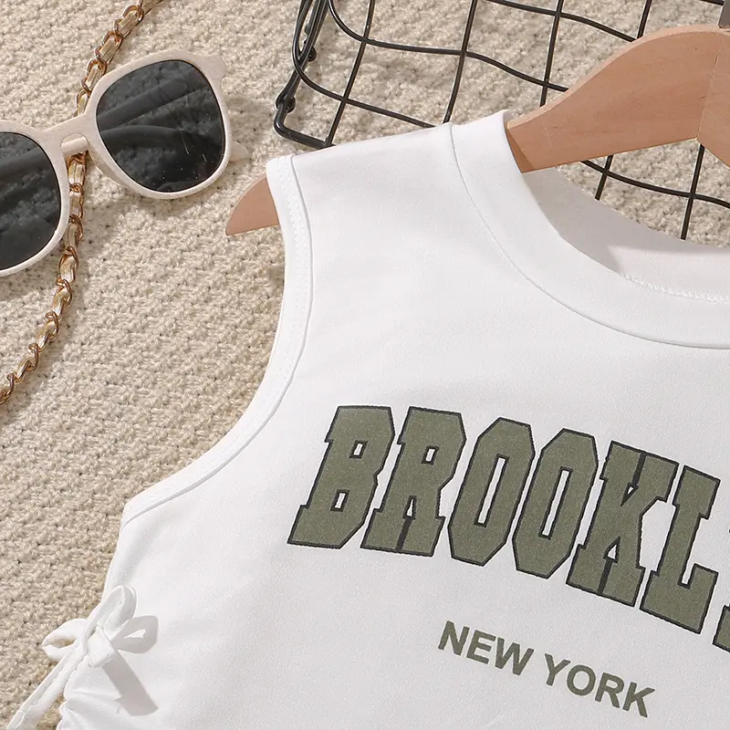 Girls Pants Sets Letters Printed Tank-Top & Army Green Cargo Pants 2PCS Trendy Girls Outfit Stylish Children Suits