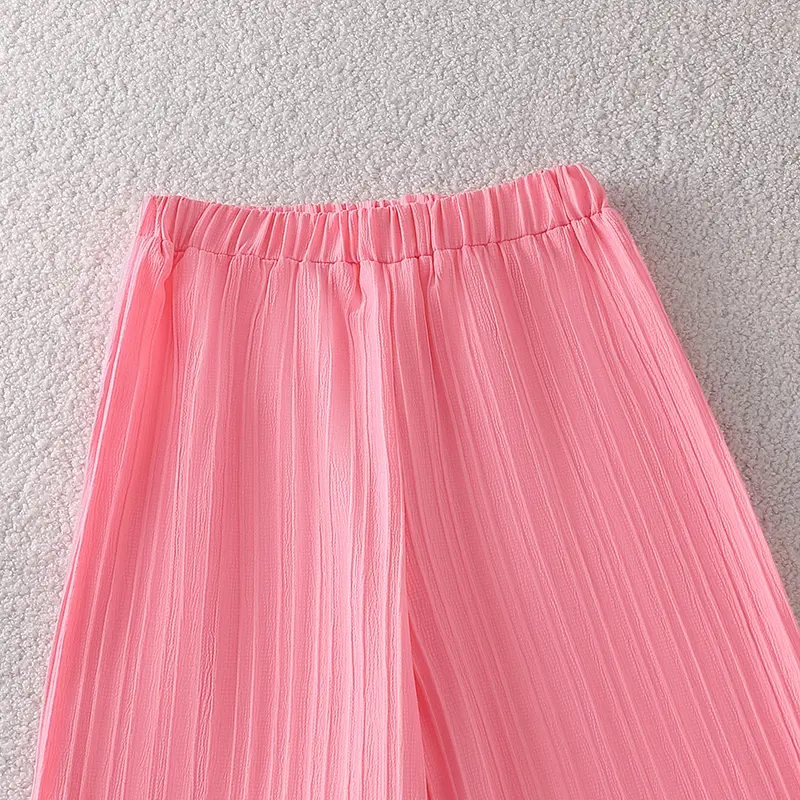 New Hot Sale Children's Clothes Solid Color Pink Sling Striped Top & Elastic Waist Pants For Girls 8-12 Years Sweet Style