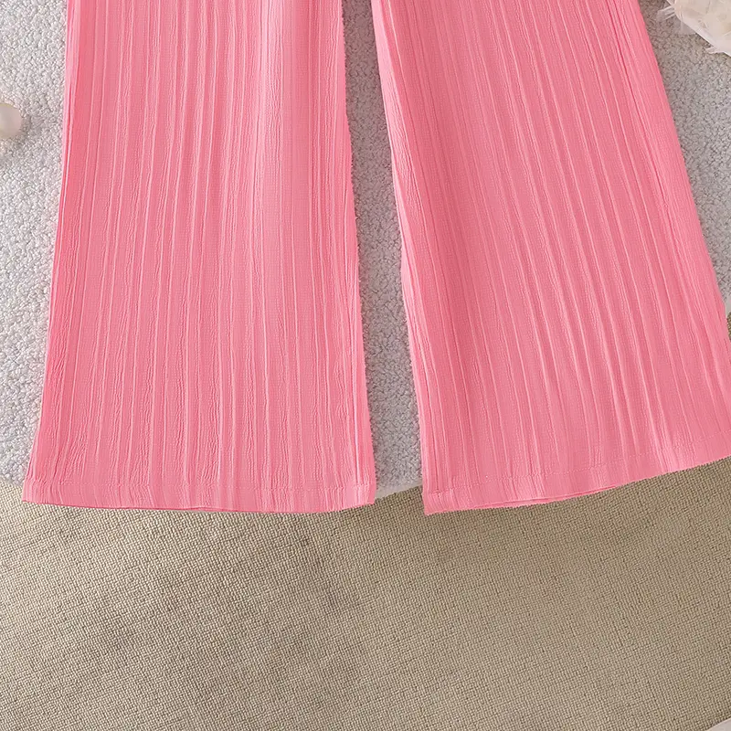 New Hot Sale Children's Clothes Solid Color Pink Sling Striped Top & Elastic Waist Pants For Girls 8-12 Years Sweet Style