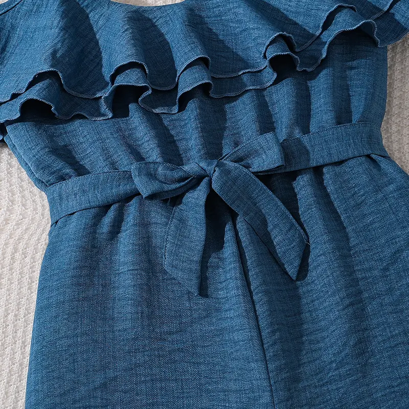 Kids Jumpsuits For Girls 8-12 Years Ruffled Off-the-Shoulder Belted Jumpsuits Trendy Tween Girls Overalls Blue Color Jumpsuits