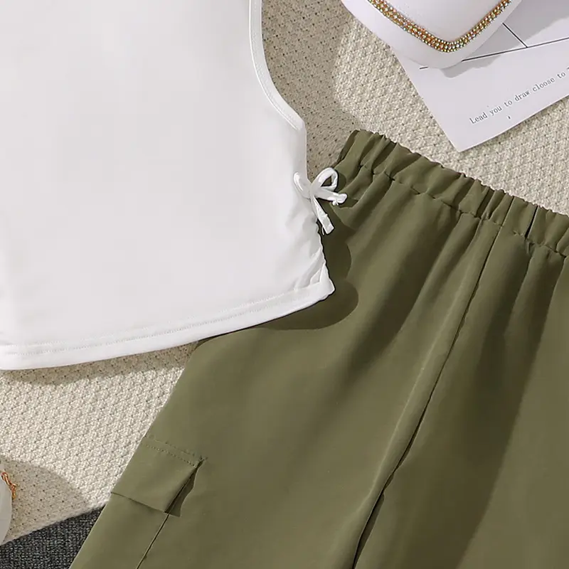 Girls Pants Sets Letters Printed Tank-Top & Army Green Cargo Pants 2PCS Trendy Girls Outfit Stylish Children Suits