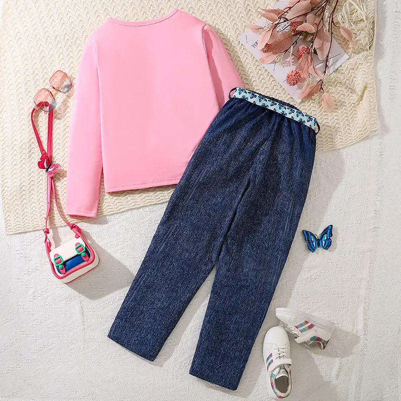 Children's Fashion Korean Style Suits For Girls Spring Autumn Casual Clothes Sets Pink Butterfly Long Sleeve Top And Blue Jeans